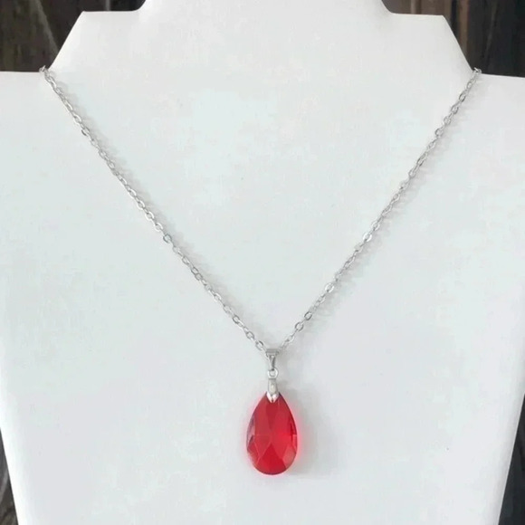 Red Crystal Teardrop Stainless Steel Necklace NWT - Picture 2 of 3